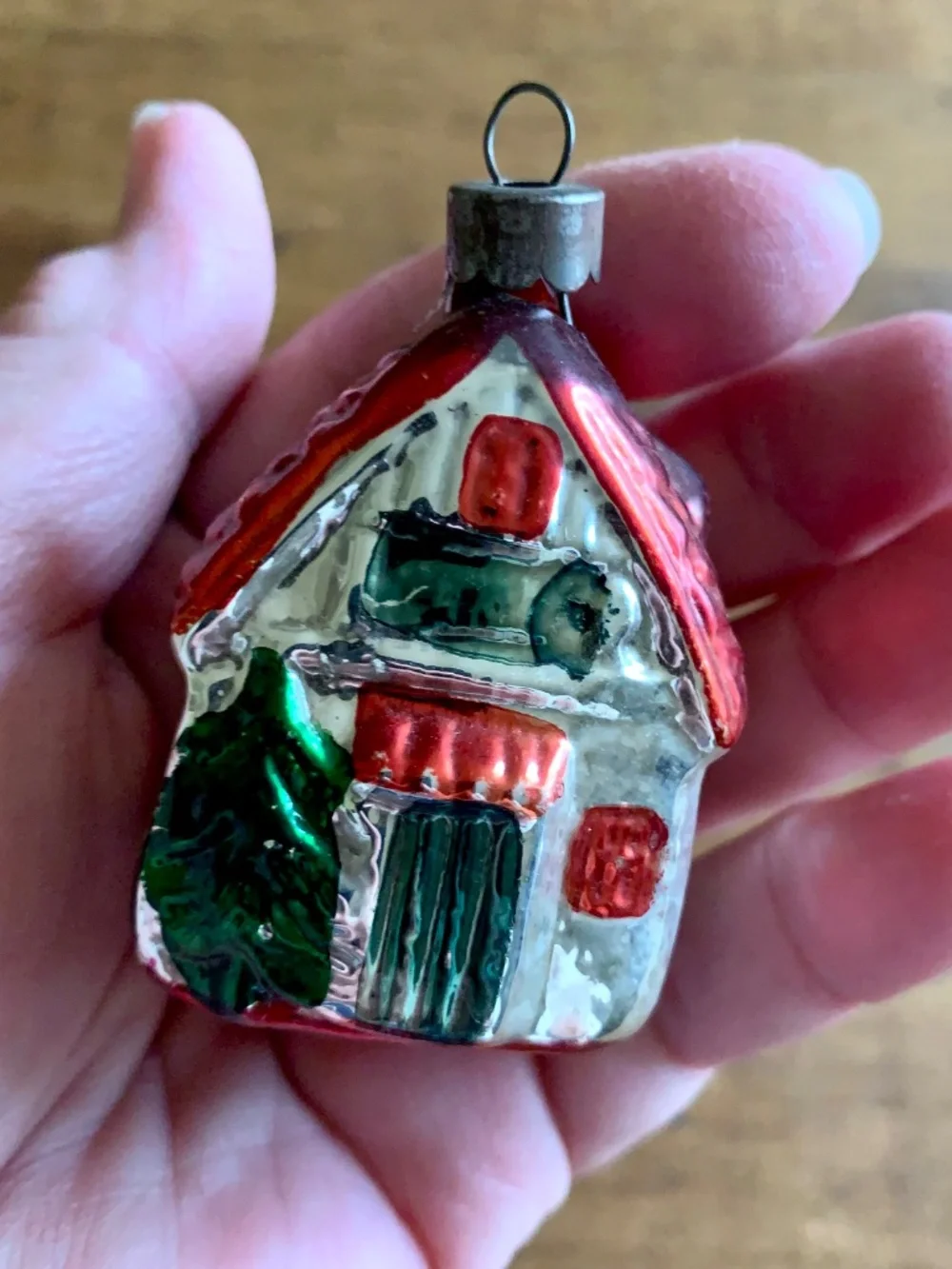 Vintage Glass House Ornament Red Roof Cottage | Mercury Glass Christmas Village